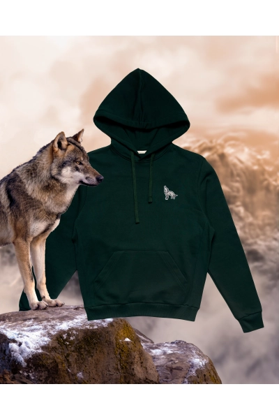 Bluza męska Basic z kapturem z wilkiem szarym - zielona